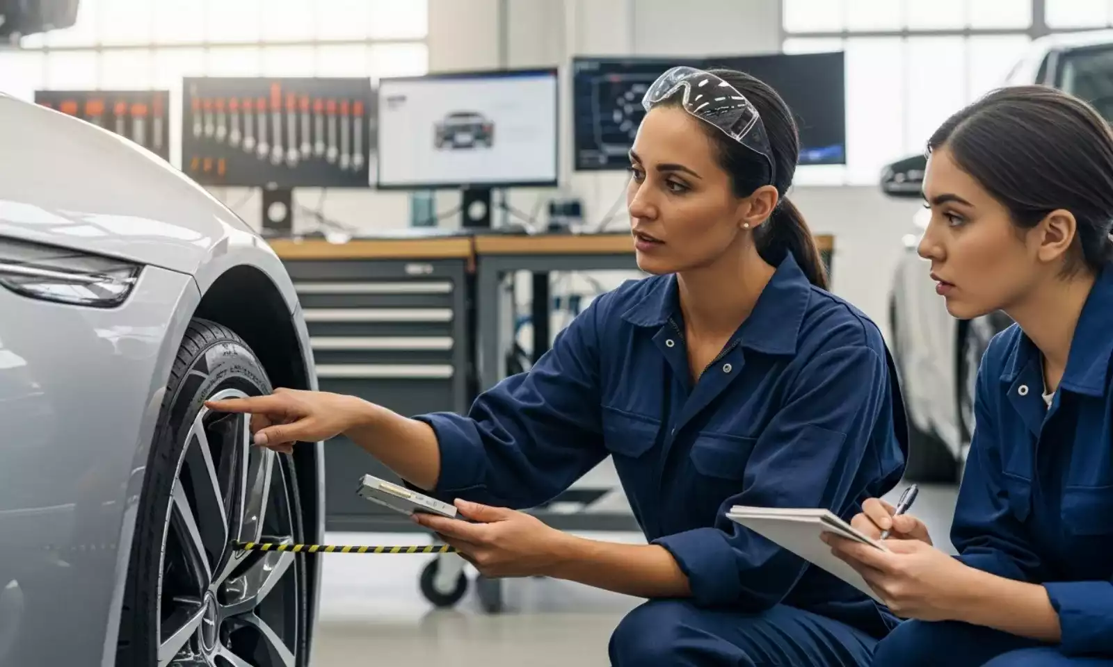 Inspeção visual de pneus em pista molhada